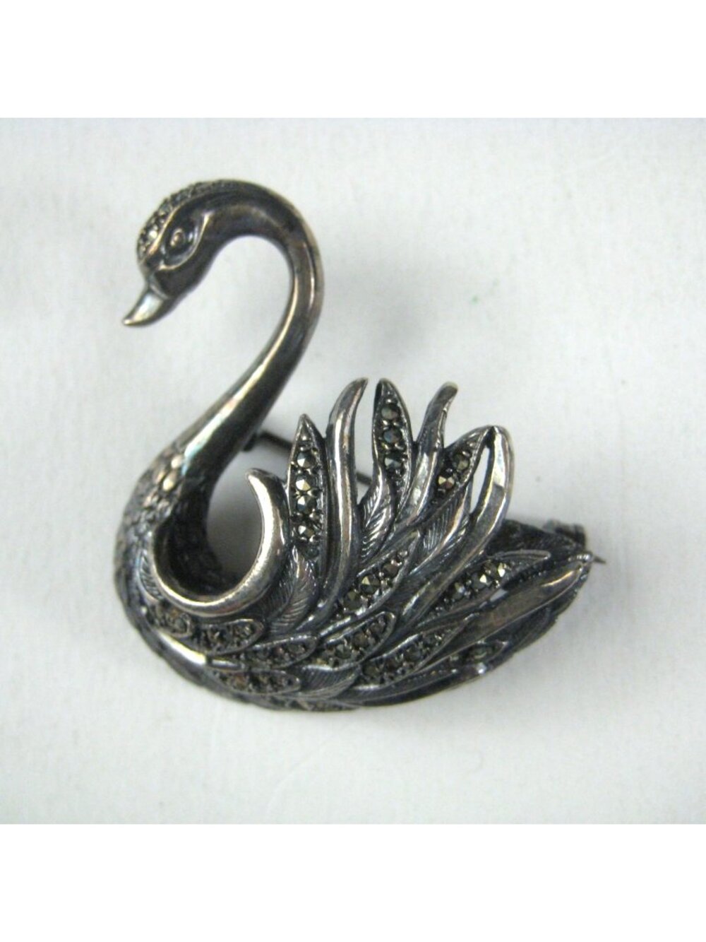 Vintage Sterling Silver Swan Brooch Pin Marcasite Stones 925 Bird